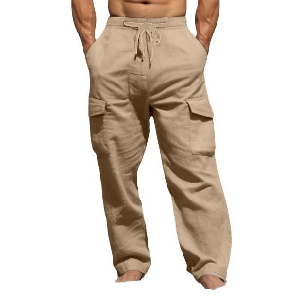Herren weite Freizeit-Cargohose aus Leinenmix mit Tunnelzugbund, aufgesetzten Klappentaschen und entspanntem Strandfit Drune