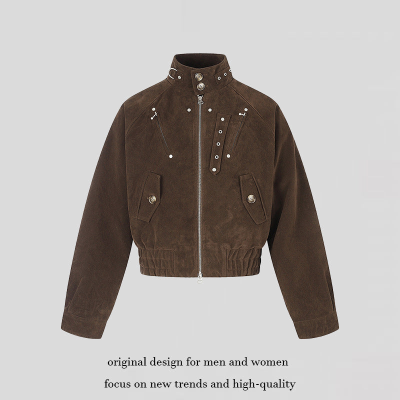 Damen kurze Wildleder‑Bomberjacke mit hohem Stehkragen und metallischen Details Drune
