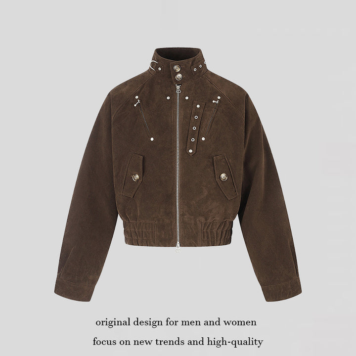 Damen kurze Wildleder‑Bomberjacke mit hohem Stehkragen und metallischen Details Drune