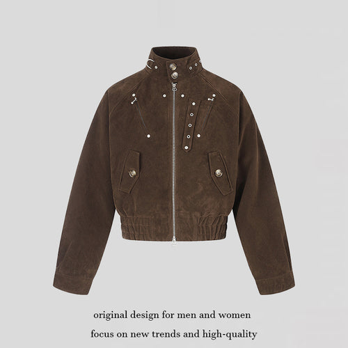 Damen kurze Wildleder‑Bomberjacke mit hohem Stehkragen und metallischen Details Drune