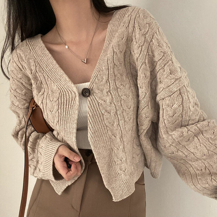 Damen kurz geschnittene Strickjacke mit Zopfmuster Drune