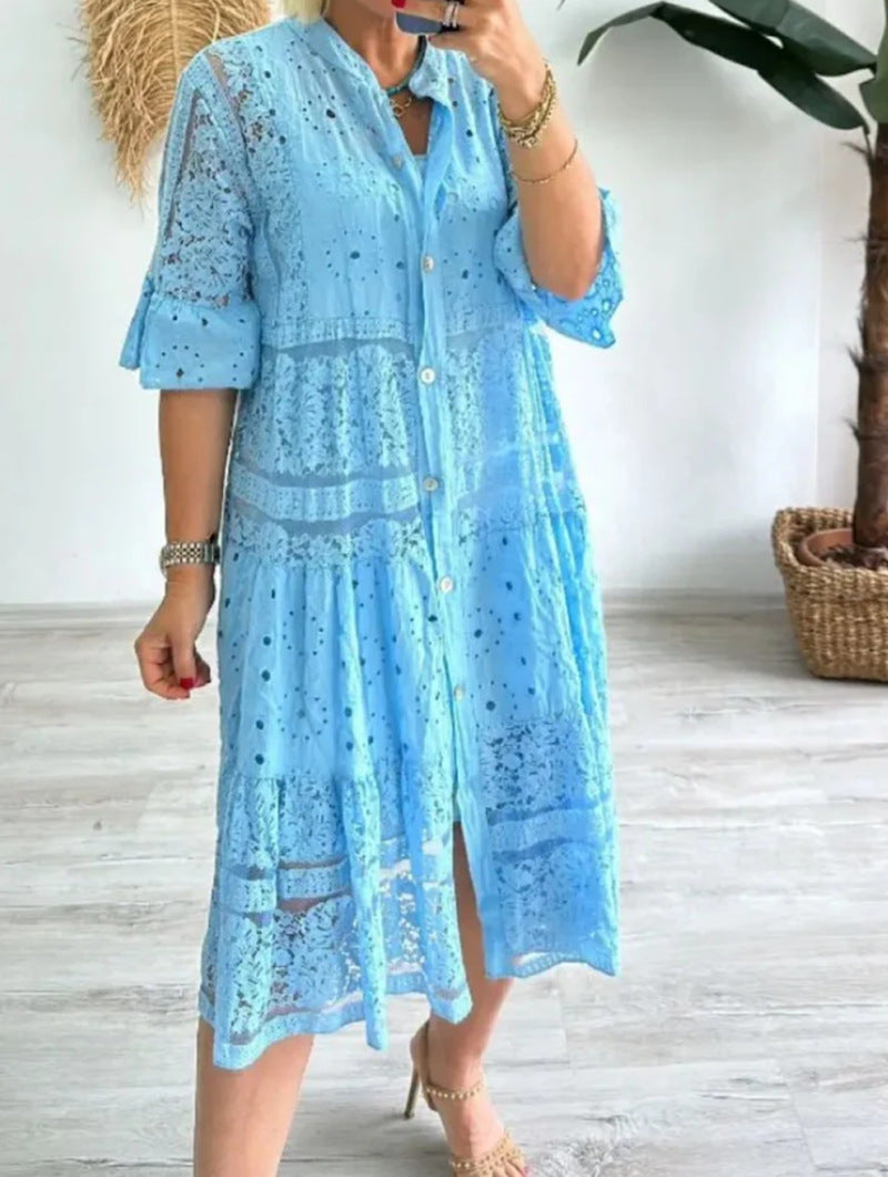 Damen nan Hemdblusen-Midikleid mit Spitzen-Einsätzen, Stufenrock und durchgehender Knopfleiste Drune