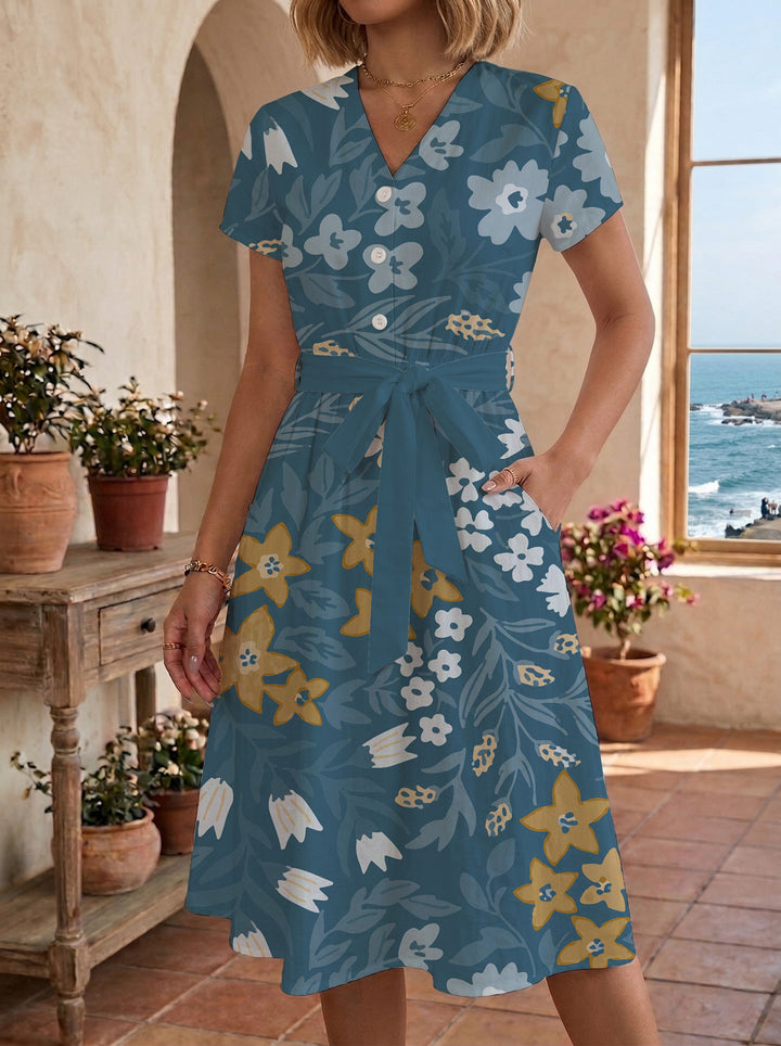 Damen Midikleid mit floralem Muster und Taillengürtel Drune