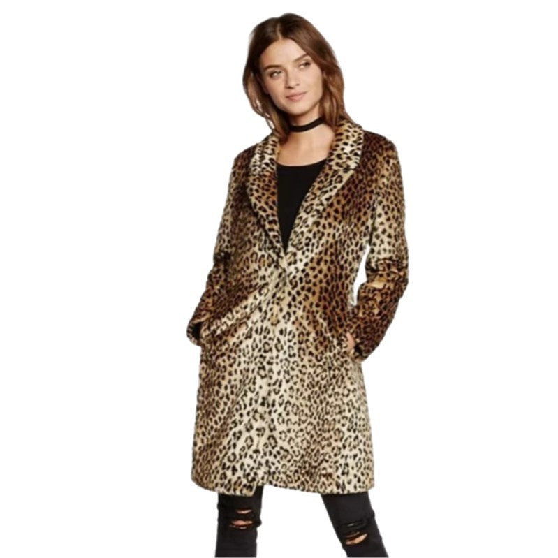 Damen Midilanger Faux‑Fur‑Mantel im Leopardenprint mit Reverskragen und Eingrifftaschen Drune