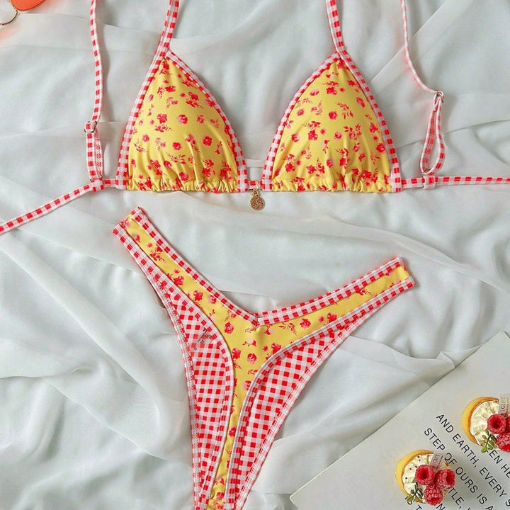 Damen Triangel-Bikini mit Rüschendetails und Karomuster Drune