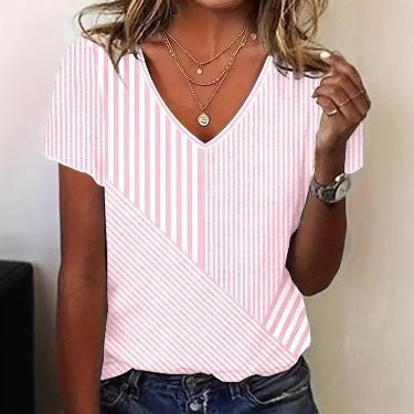 Damen nan gestreifte V-Ausschnitt-Bluse mit asymmetrischem Streifenmix und Kurzarm Drune
