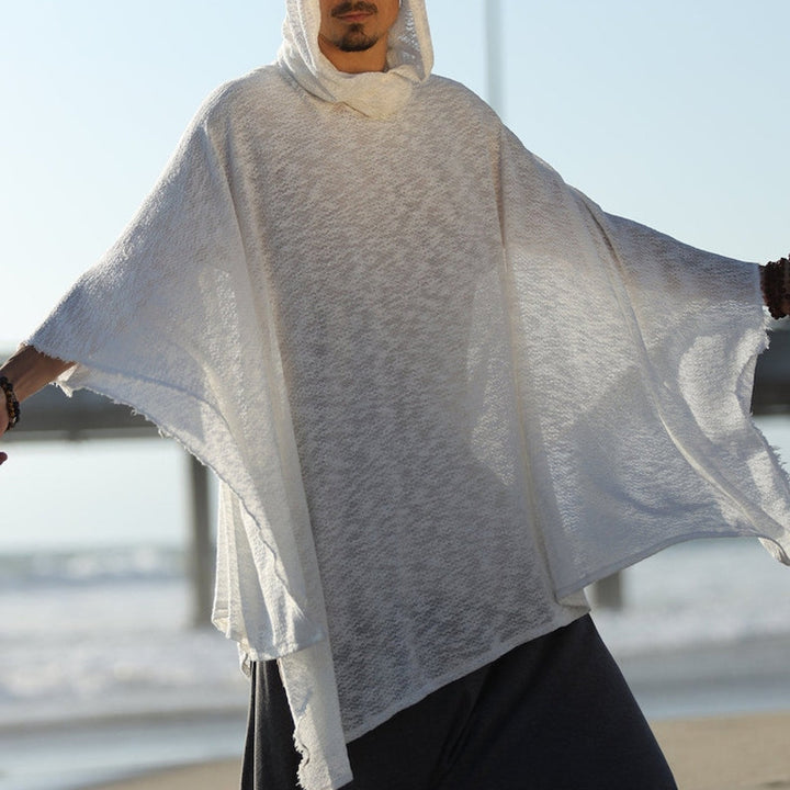 Herren Strand-Tunika aus luftigem Grobstrick mit Kapuze und Fransen Drune