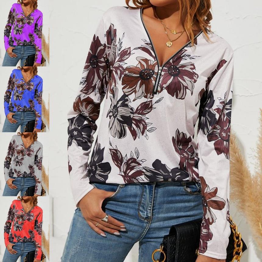Damen Langarmshirt mit Reißverschluss V-Ausschnitt und großem Blumenmuster Drune