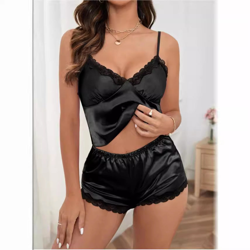 Damen Satin Schlafanzug-Set mit Spitze Drune