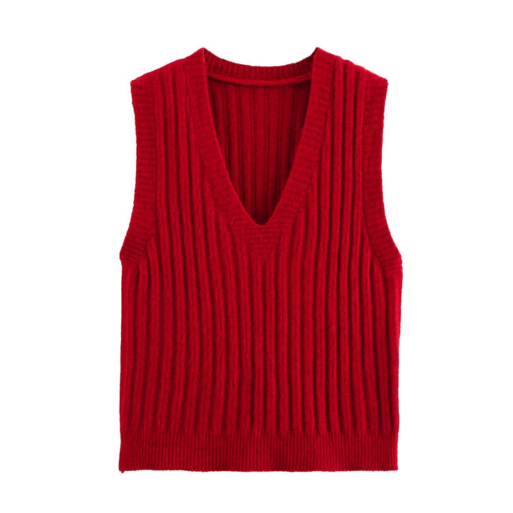 Damen V-Ausschnitt Rippenstrick Ärmelloser Pullover Drune
