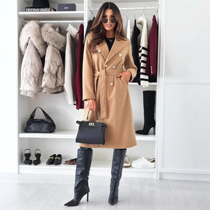Damen Doppelt genähter Trenchcoat mit taillierbarem Gürtel und eleganter Struktur Drune