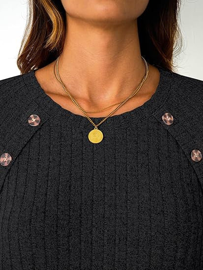 Damen Gerippter Rundhals-Pullover mit dekorativen Schulterknöpfen Drune