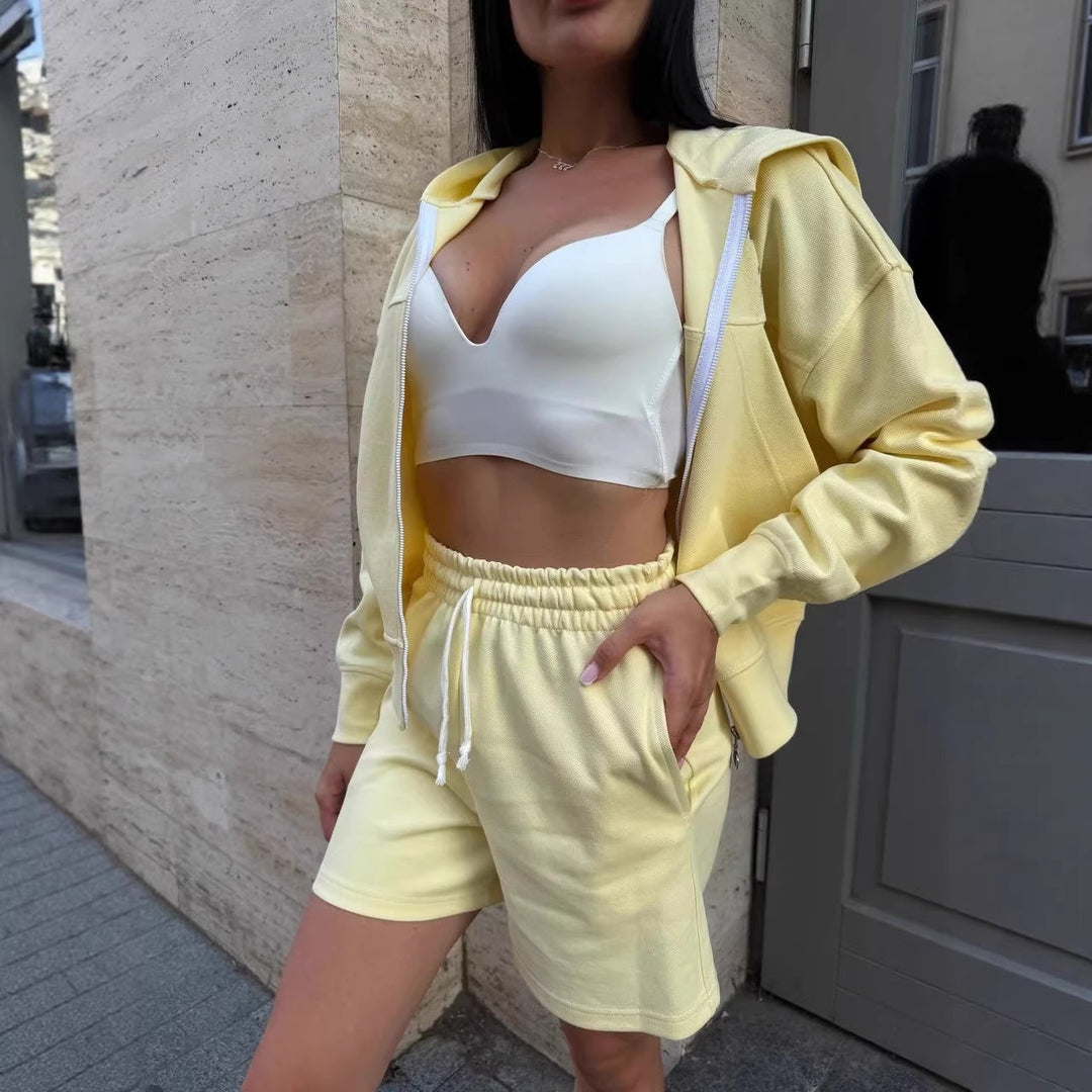 Damen Freizeit-Jogginganzug mit Zip-Hoodie und lockeren Shorts Drune