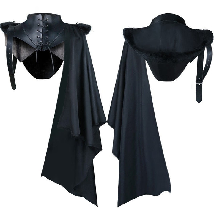 Unisex nan Schulterplattencape mit geschnürtem Kragen, Kunstfellbesatz, verstellbaren Lederriemen und asymmetrischer Schleppe Drune