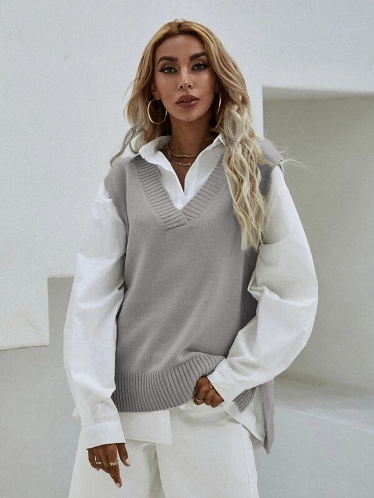Damen Strickweste mit V-Ausschnitt und geripptem Saum Drune