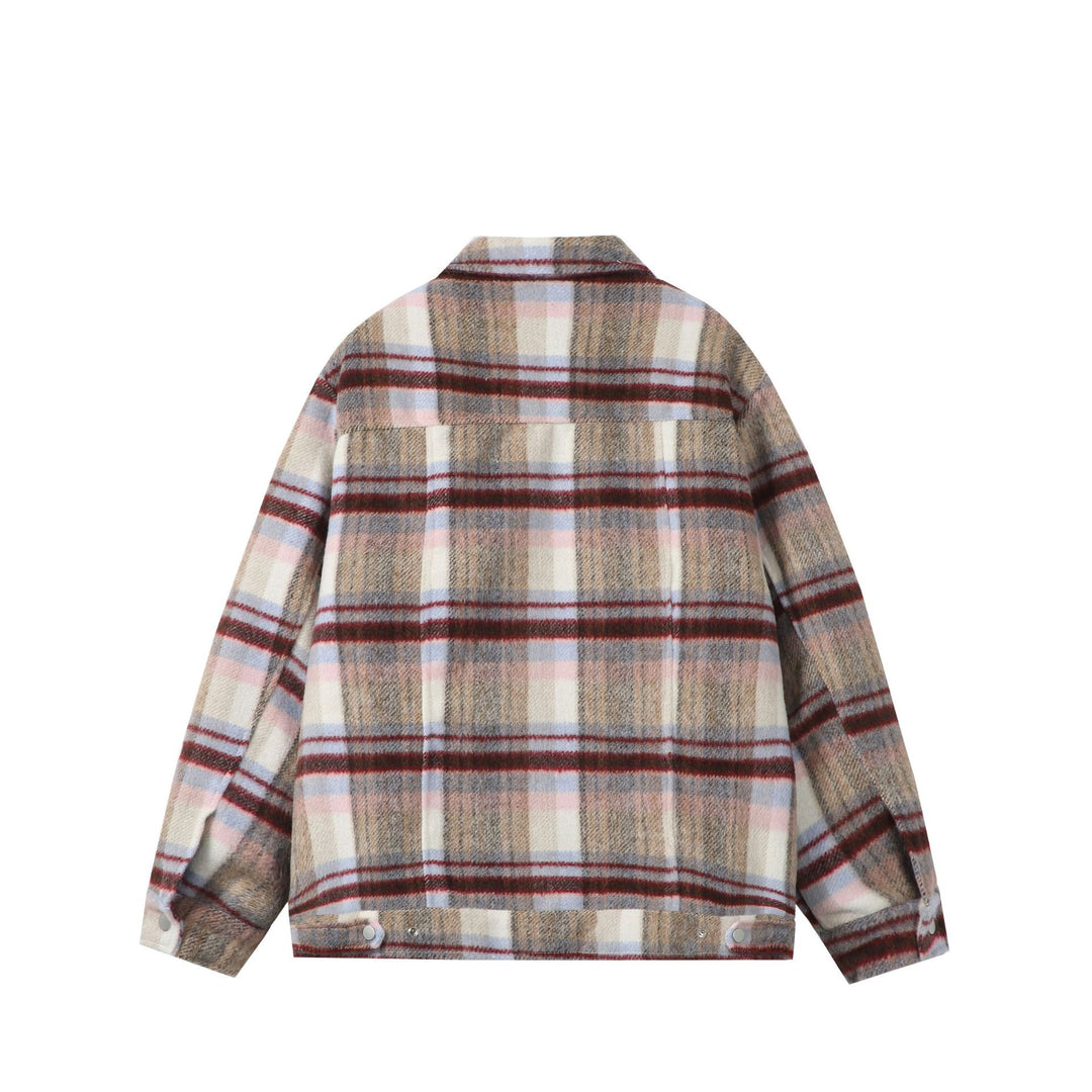 Damen Kurz geschnittene karierte Overshirt‑Jacke aus Wollmix mit Druckknopf‑Front und Pattentaschen Drune