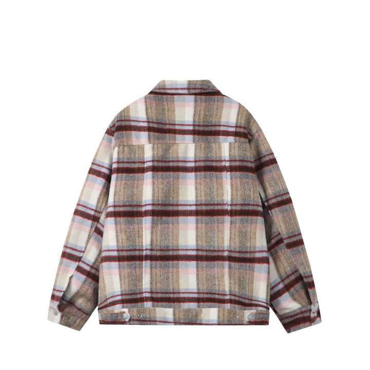 Damen Kurz geschnittene karierte Overshirt‑Jacke aus Wollmix mit Druckknopf‑Front und Pattentaschen Drune