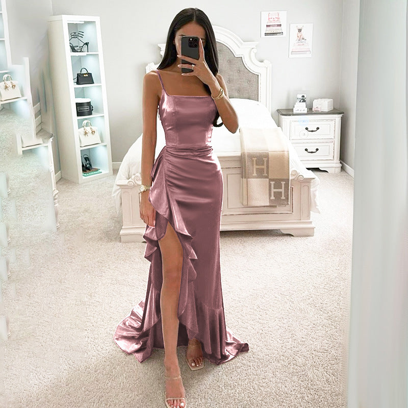 Damen elegantes Maxikleid mit asymmetrischem Rüschensaum und taillierter Silhouette Drune