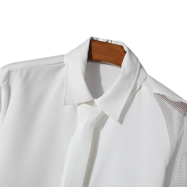 Damen nan fließende Hemdbluse mit angenähter Schluppe verdeckter Knopfleiste und einseitigem Netzärmeldetail Drune