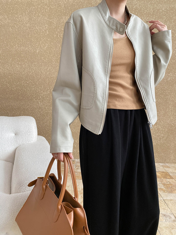 Damen Kunstlederjacke mit modernem Stehkragen und praktischen Taschen Drune