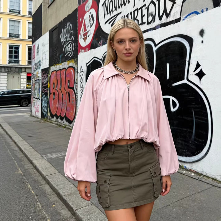 Damen Kurze Oversize-Bomberjacke mit Volumenärmeln und Gummizug Drune