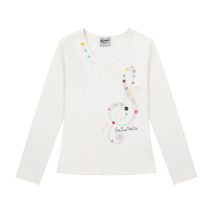 Damen Langarmshirt mit V-Ausschnitt und Notenschlüssel-Applikationen Drune