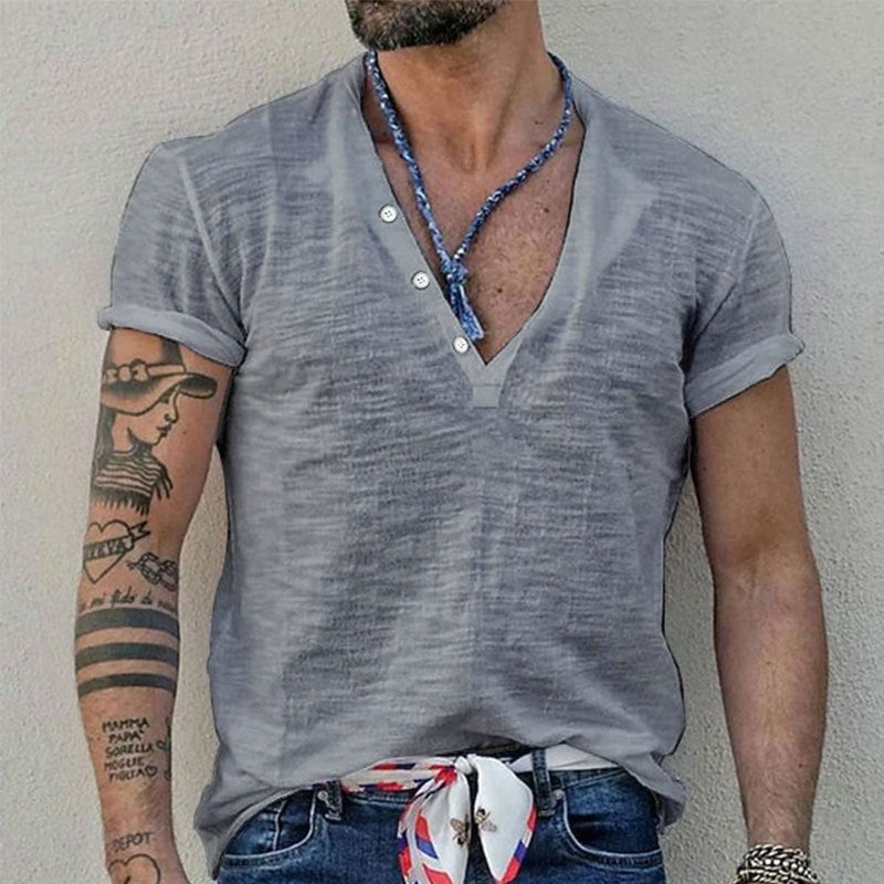 Herren nan Kurzarmshirt im Henleystil aus Slub-Baumwolljersey mit kurzer Knopfleiste Drune