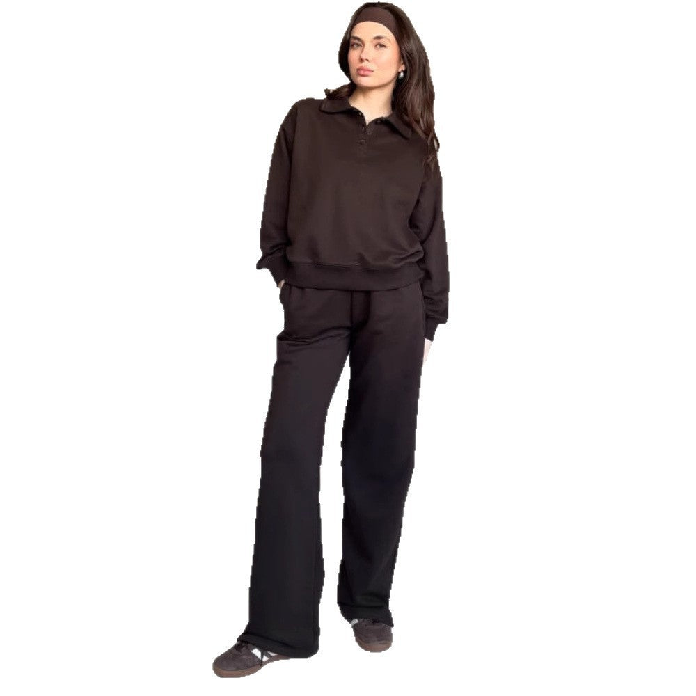 Damen Loungewear-Anzug aus weichem Fleece mit Polo-Kragen und geraden Hosen Drune