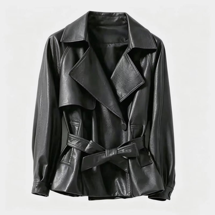 Damen nan taillierter Trenchcoat aus veganem Lederimitat mit weitem Revers und Bindegürtel Drune