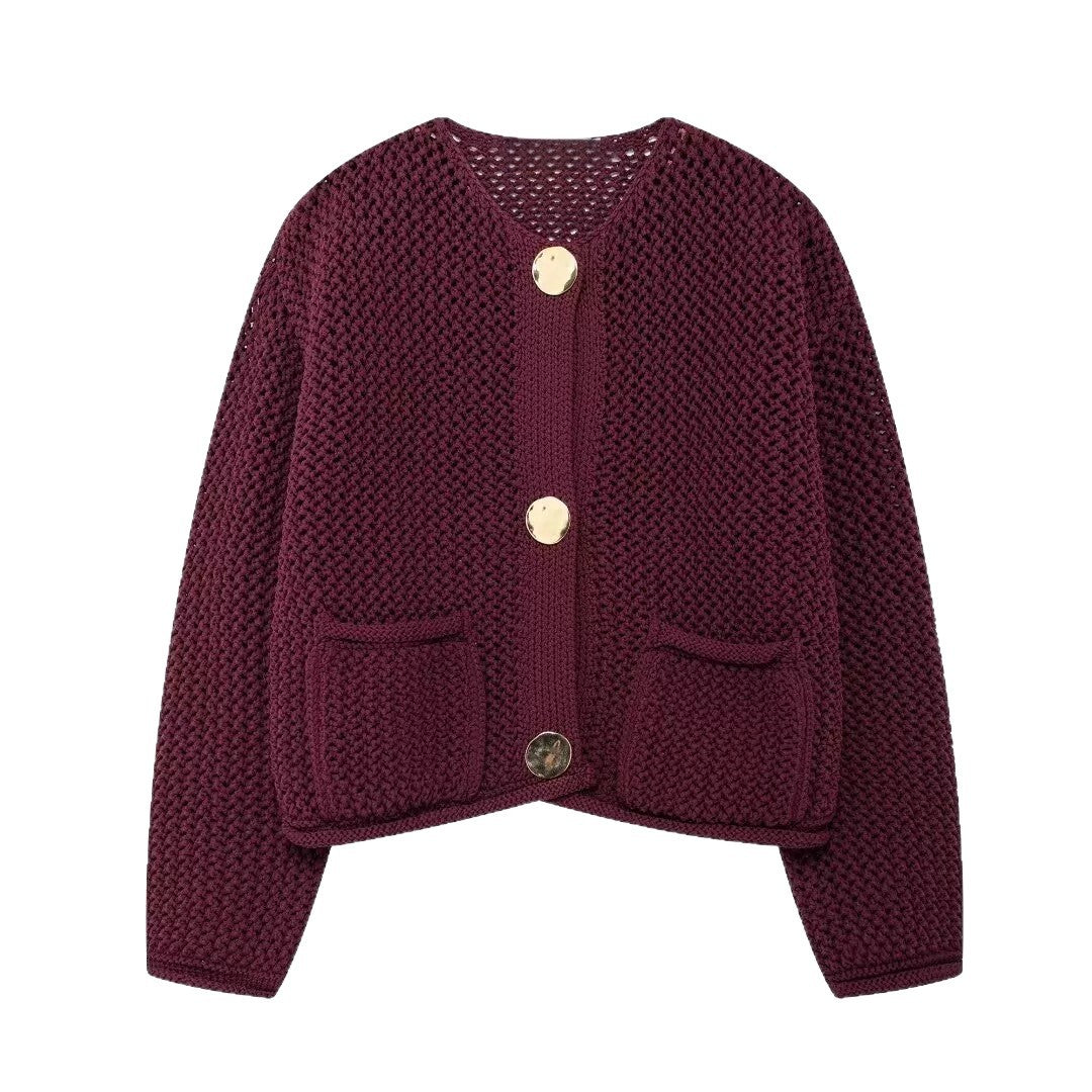 Damen Netzstrickjacke mit praktischen Taschen und dekorativen Knöpfen Drune