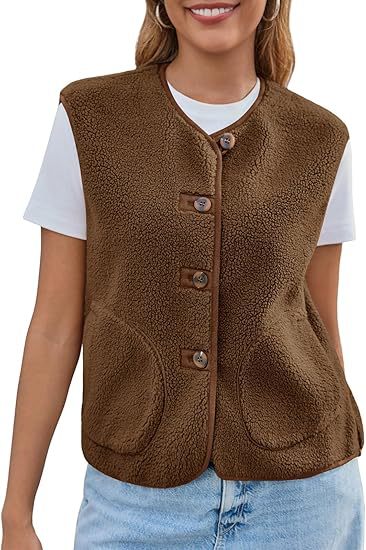 Damen Teddy-Fleece-Weste mit Rundhalsausschnitt und Knopfverschluss Drune