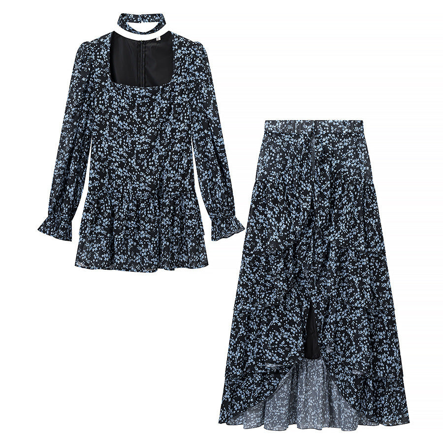 Damen Zweiteiliges Chiffon-Set mit Chokerbluse und stufigem Maxirock Drune