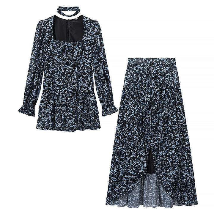 Damen Zweiteiliges Chiffon-Set mit Chokerbluse und stufigem Maxirock Drune