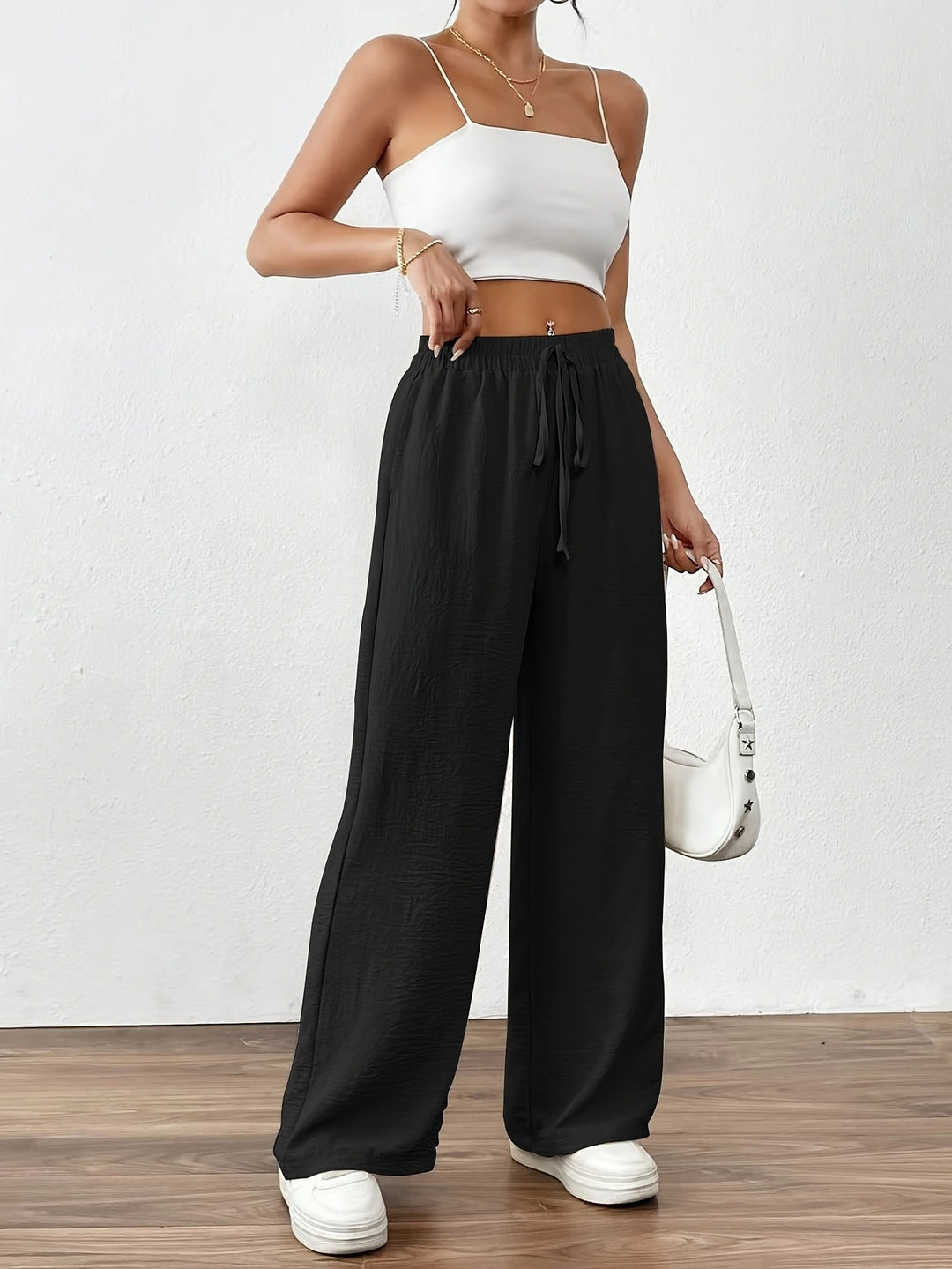 Damen weite Palazzo-Hose mit elastischem Bund und taillierbarem Kordelzug Drune