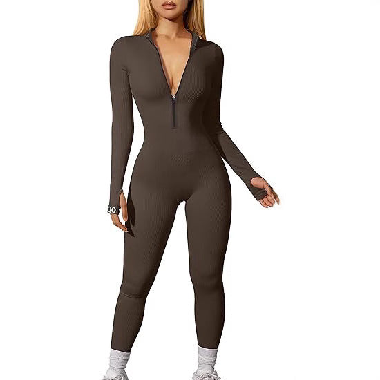 Damen nan figurbetonter Ripp-Jumpsuit mit hohem Halsausschnitt, langem Arm und sculptender Nahtführung Drune