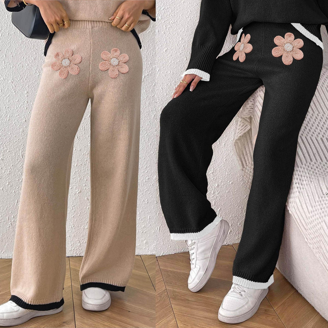 Damen bequeme Strickhose mit floralem Applikationsdesign Drune