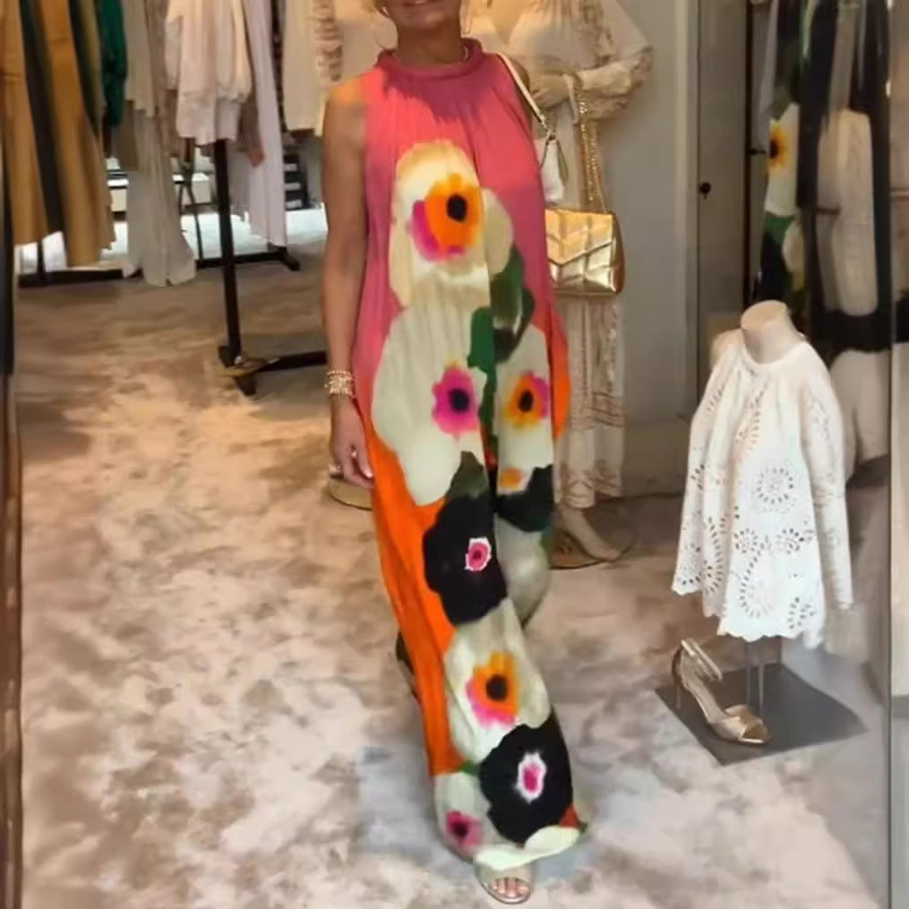 Damen nan ärmelloses Maxikleid mit gerafftem Stehkragen, weitem Palazzoschnitt und großfloralem Druck Drune