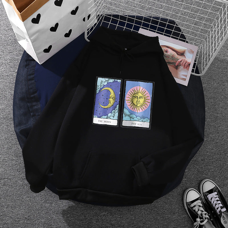 Damen nan leichter Oversize Kapuzenpullover mit Herz‑EKG‑Motiv, langen Kordeln und elastischem Bund Drune