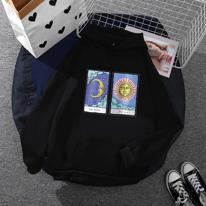 Damen nan leichter Oversize Kapuzenpullover mit Herz‑EKG‑Motiv, langen Kordeln und elastischem Bund Drune