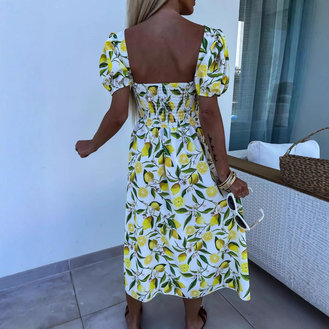Damen Maxi Kleid mit Fruchtmotiv und Cut-Out-Details Drune