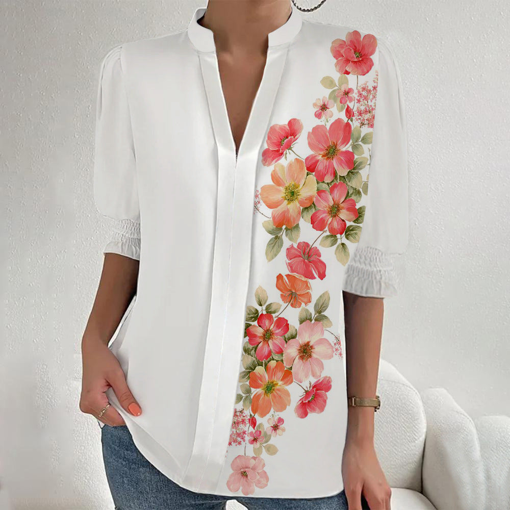 Damen Blumenprint Tunika-Bluse mit Stehkragen, geschlitzter V‑Blende und gerafften 3/4-Ärmeln Drune