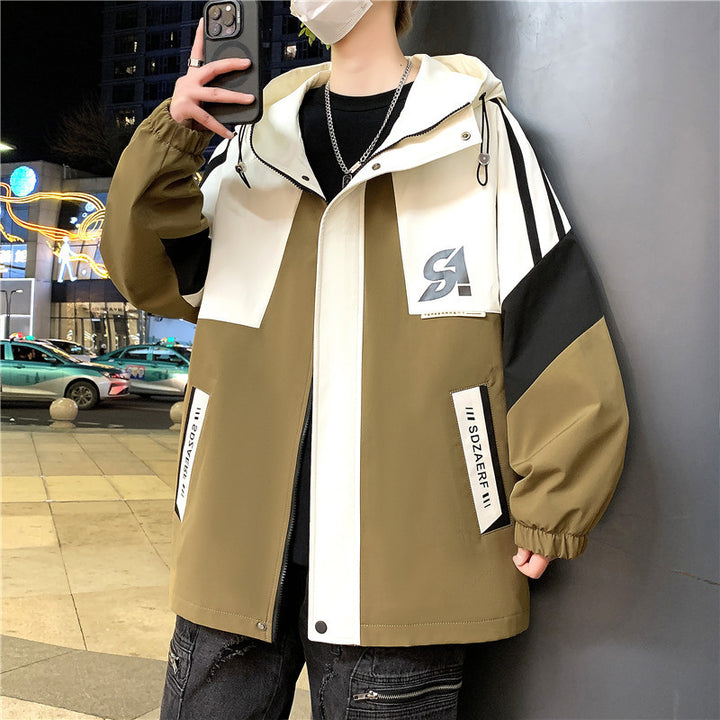 Herren Oversize-Windbreaker mit Kapuze, sportlichem Frontprint und Kontrastpanelen Drune