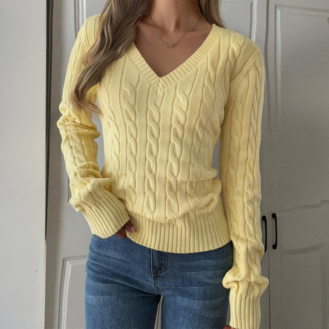 Damen Kuscheliger V-Ausschnitt Strickpullover mit Zopfmuster Drune