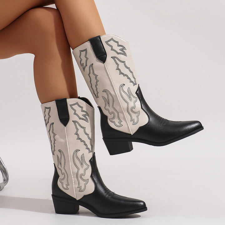 Damen nan Cowboystiefel im Westernstil mit mittelhohem Blockabsatz spitzer Zehenkappe und dekorativer Stickerei Drune