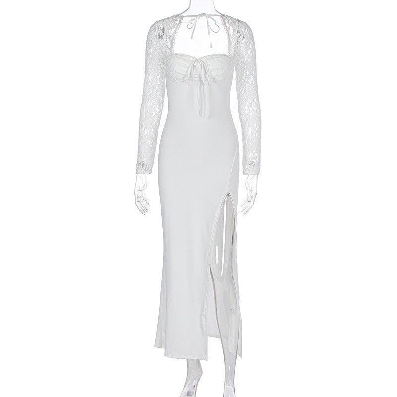 Damen Elegante Maxikleid mit transparenter Spitzenoberfläche und seitlichem Schlitz Drune