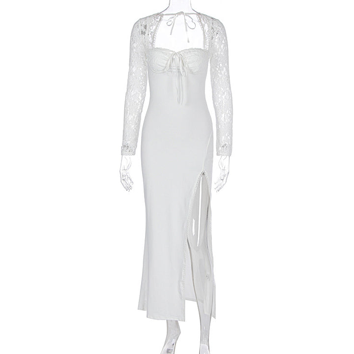 Damen Elegante Maxikleid mit transparenter Spitzenoberfläche und seitlichem Schlitz Drune