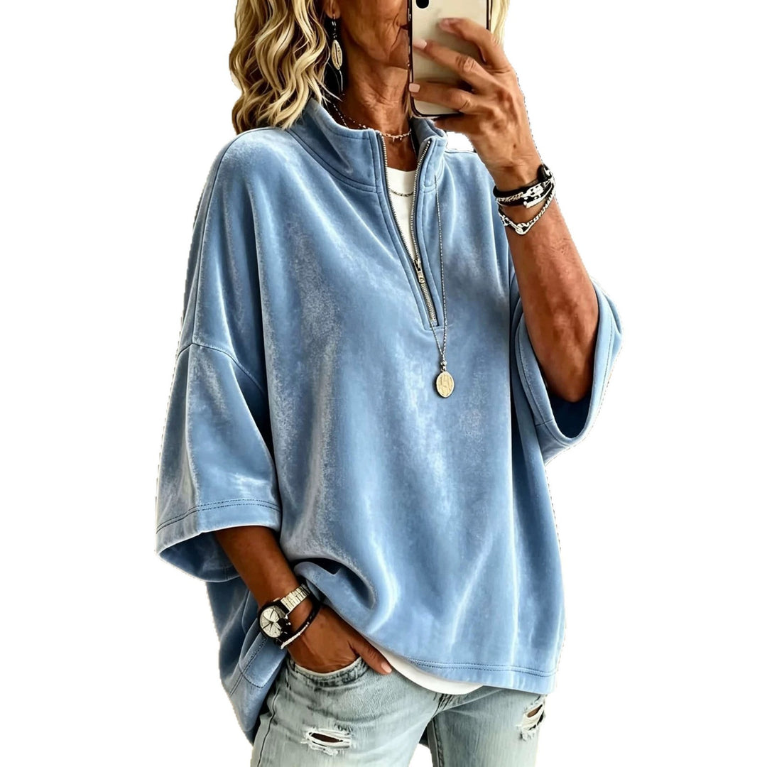 Damen Oversize Samt-Pullover mit kurzem Reißverschluss und Stehkragen Drune
