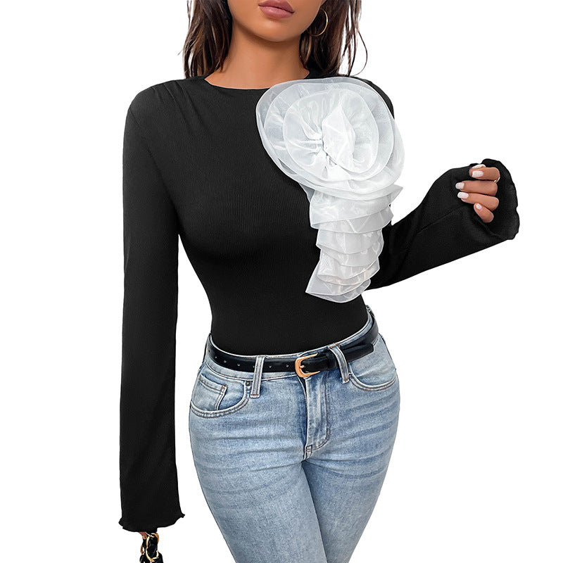 Damen Figurbetonter Body mit asymmetrischer Organza-Blütenapplikation und Glockenärmeln Drune