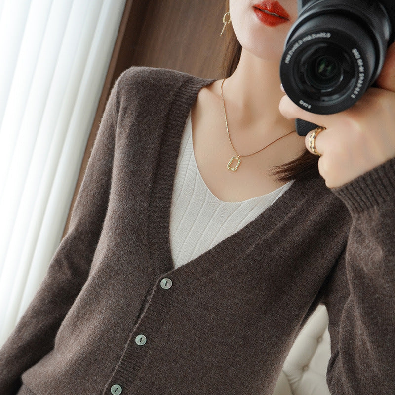 Damen Leichter V‑Ausschnitt-Cardigan aus Kaschmir‑Mix mit feiner Rippkante Drune