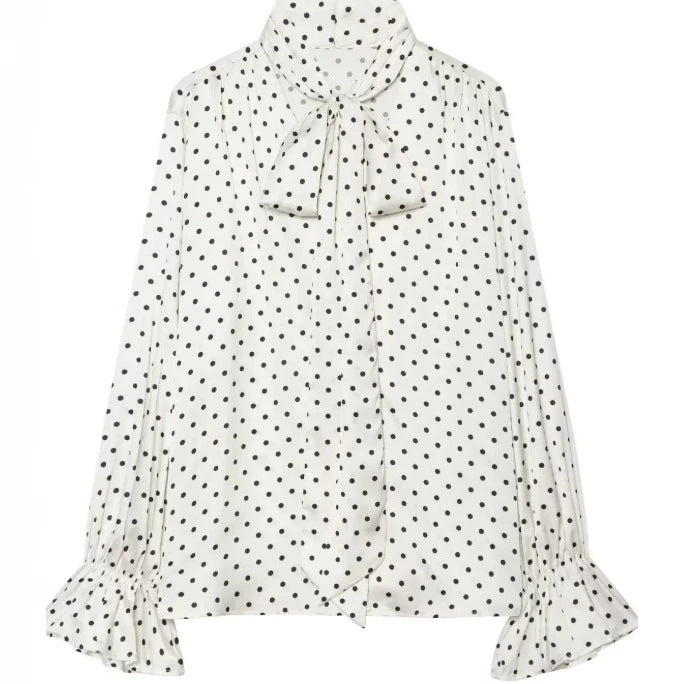 Damen Seidenoptik‑Bluse mit Schleifenkragen und Volantmanschetten Drune